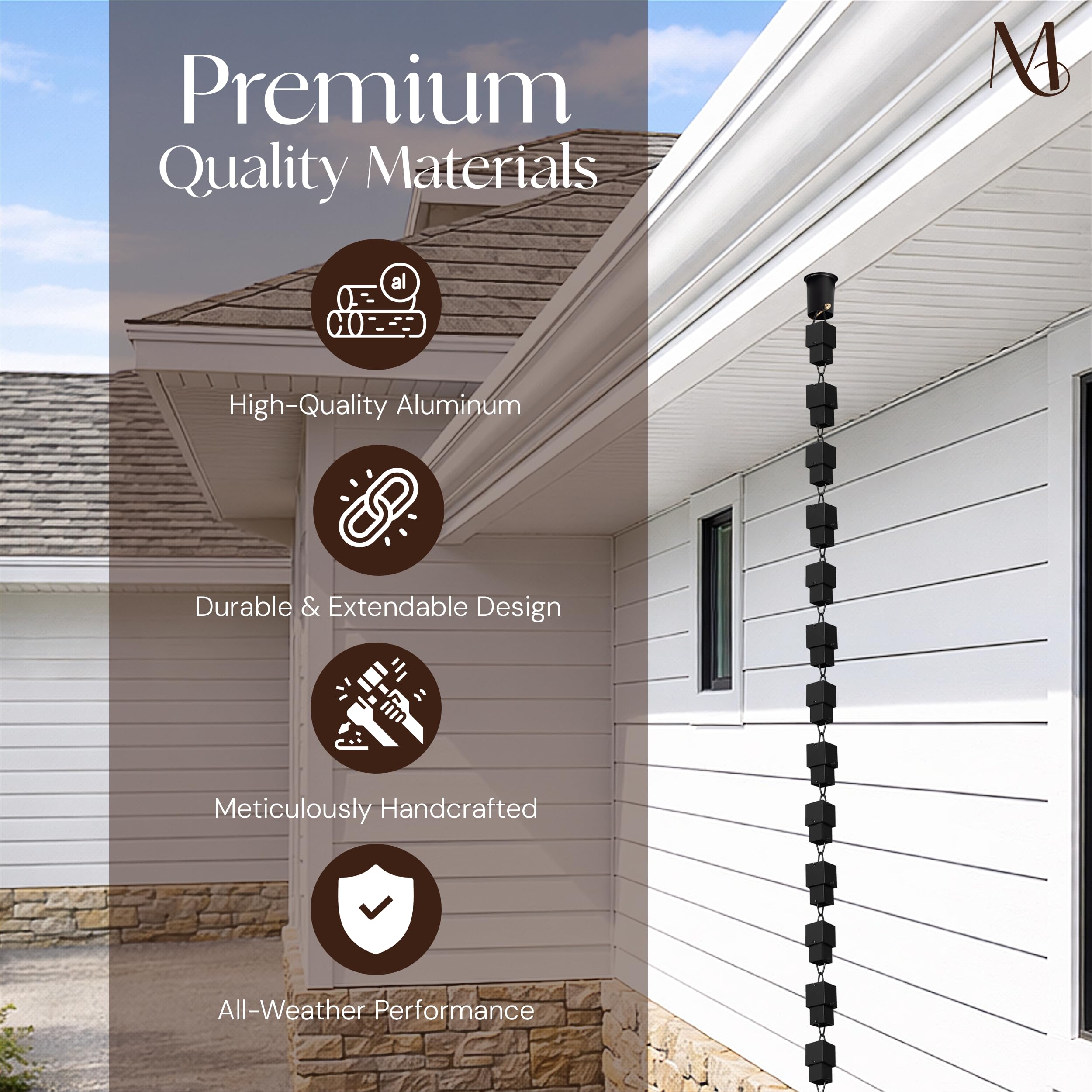 Monarch Rain Chains cubes closeup shows black square cups offering steady water rhythm for outdoor spaces.