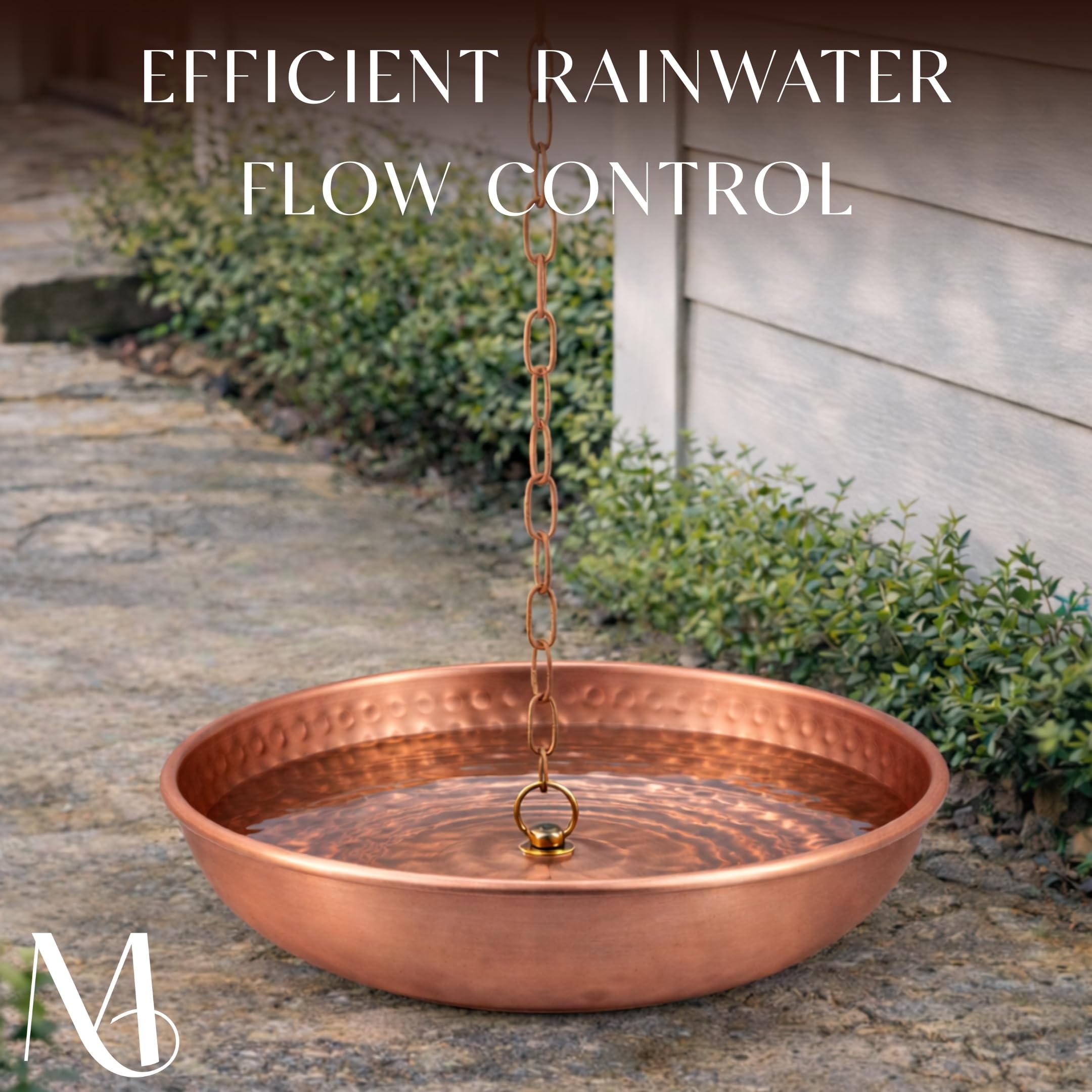 Monarch Rain Chains garden patio setup featuring decorative rain basin.