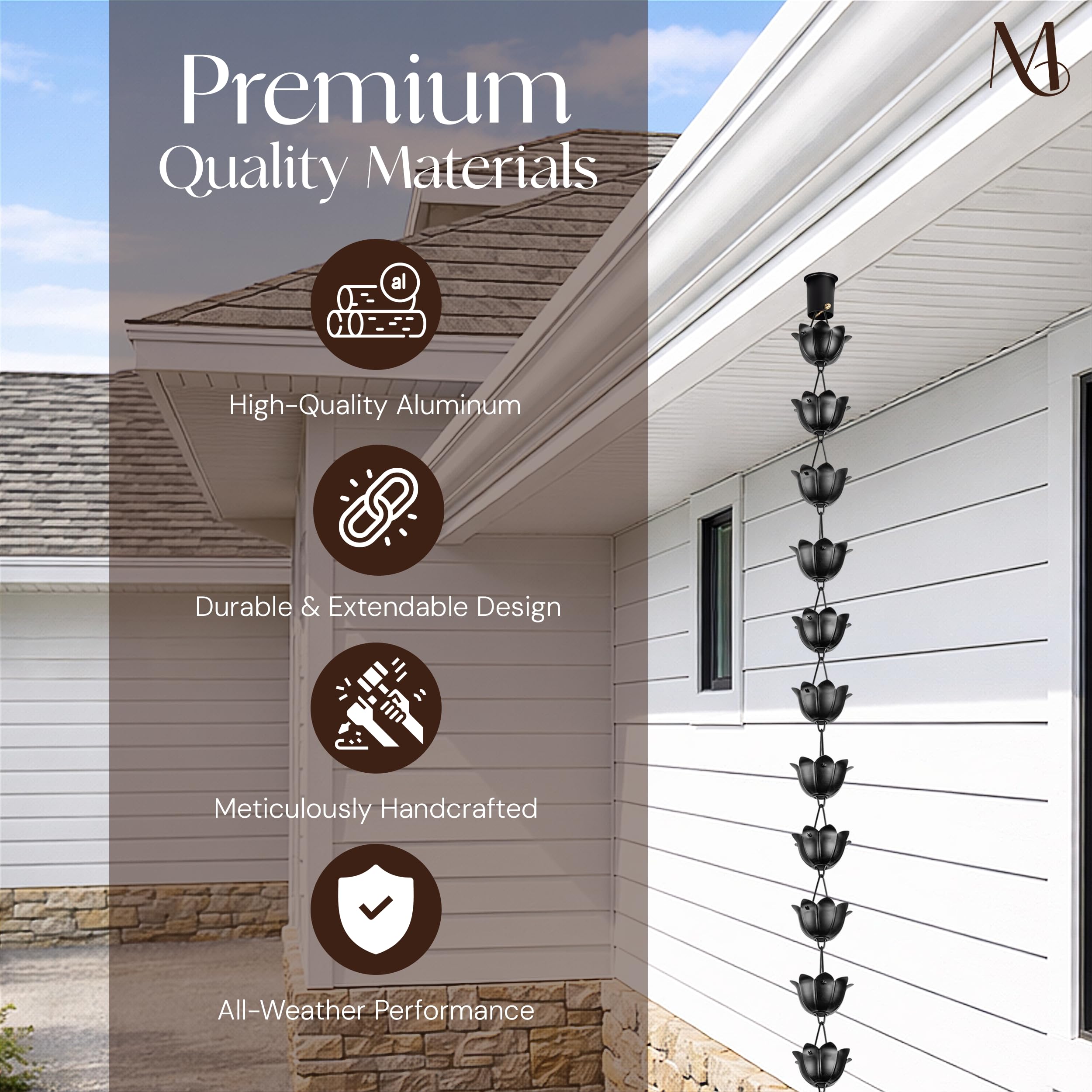 Monarch Rain Chains Aluminum Lotus Black 8.5 ft functions as a striking gutter downspout alternative.