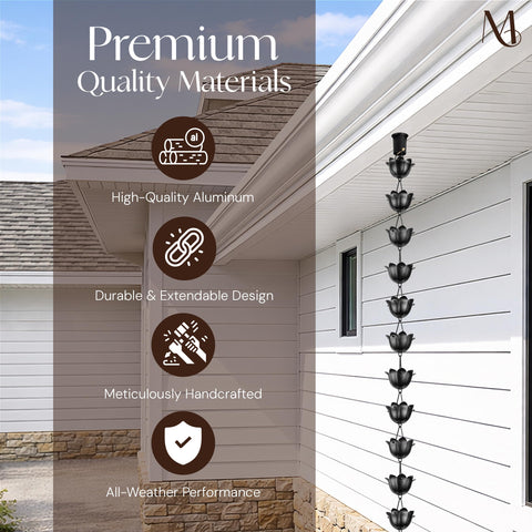 Monarch Rain Chains Aluminum Lotus Black 8.5 ft functions as a striking gutter downspout alternative.