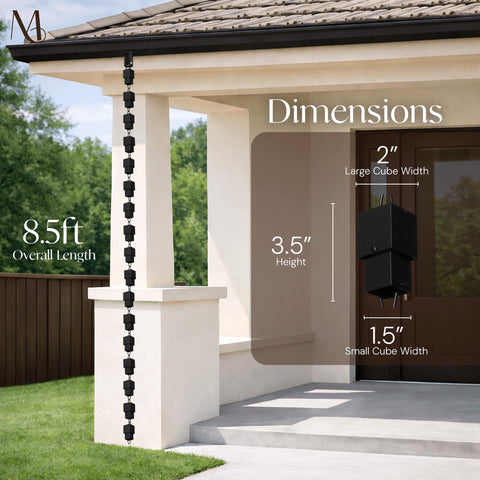 Monarch Rain Chains heavy-duty aluminum construction resists rust for year-round gutter use.