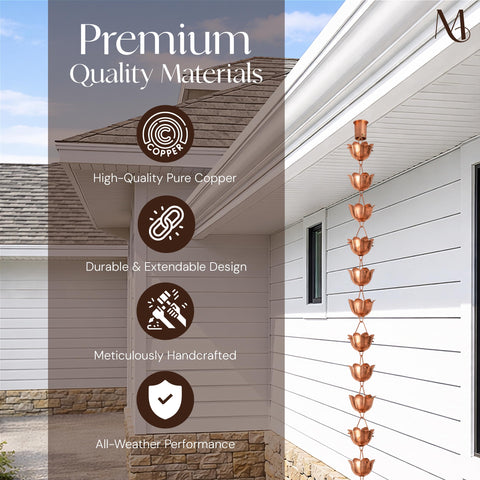 Monarch Rain Chains heavy-duty copper construction provides rust resistance for outdoor use