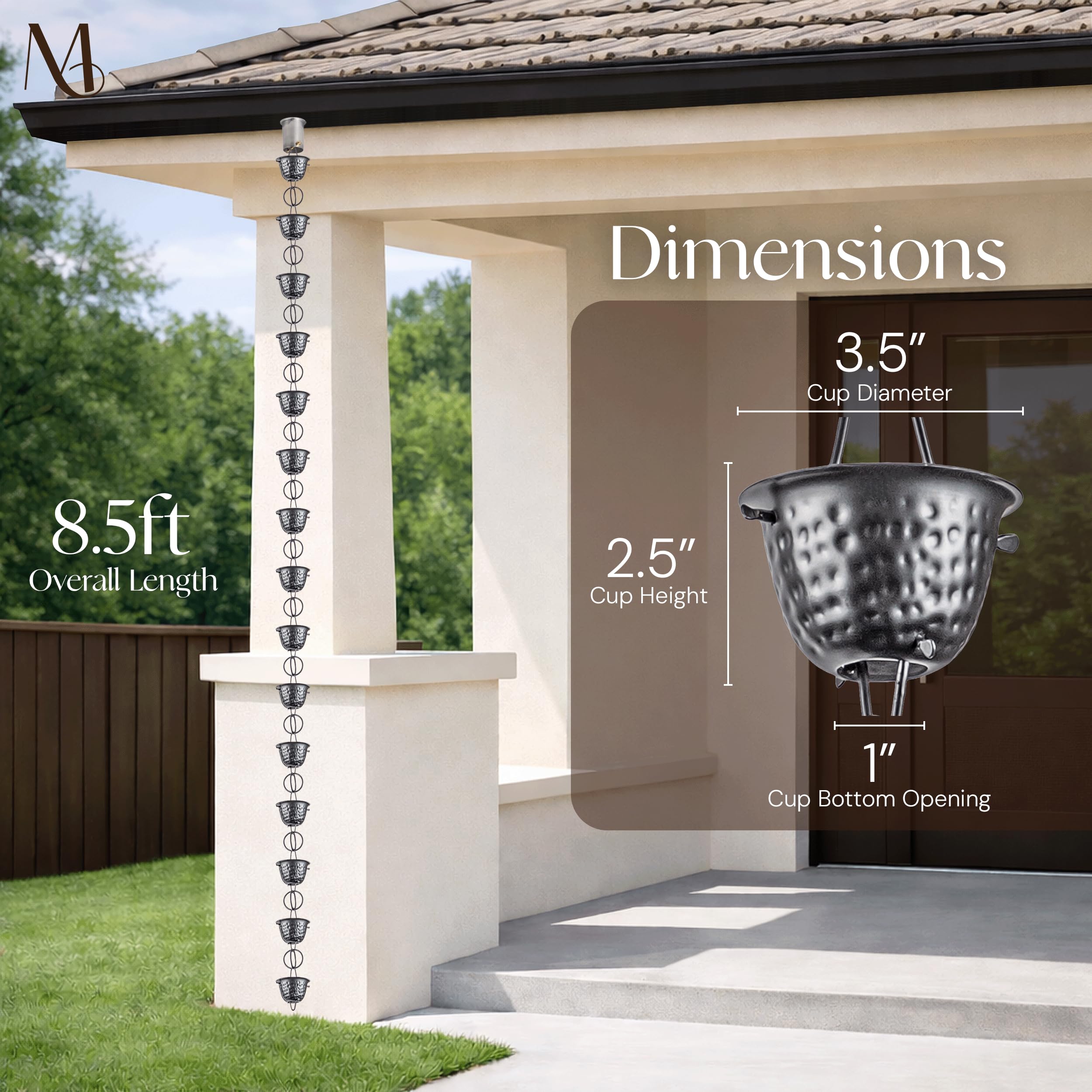 Monarch hammer cups create a large visually striking water cascade along gutters.