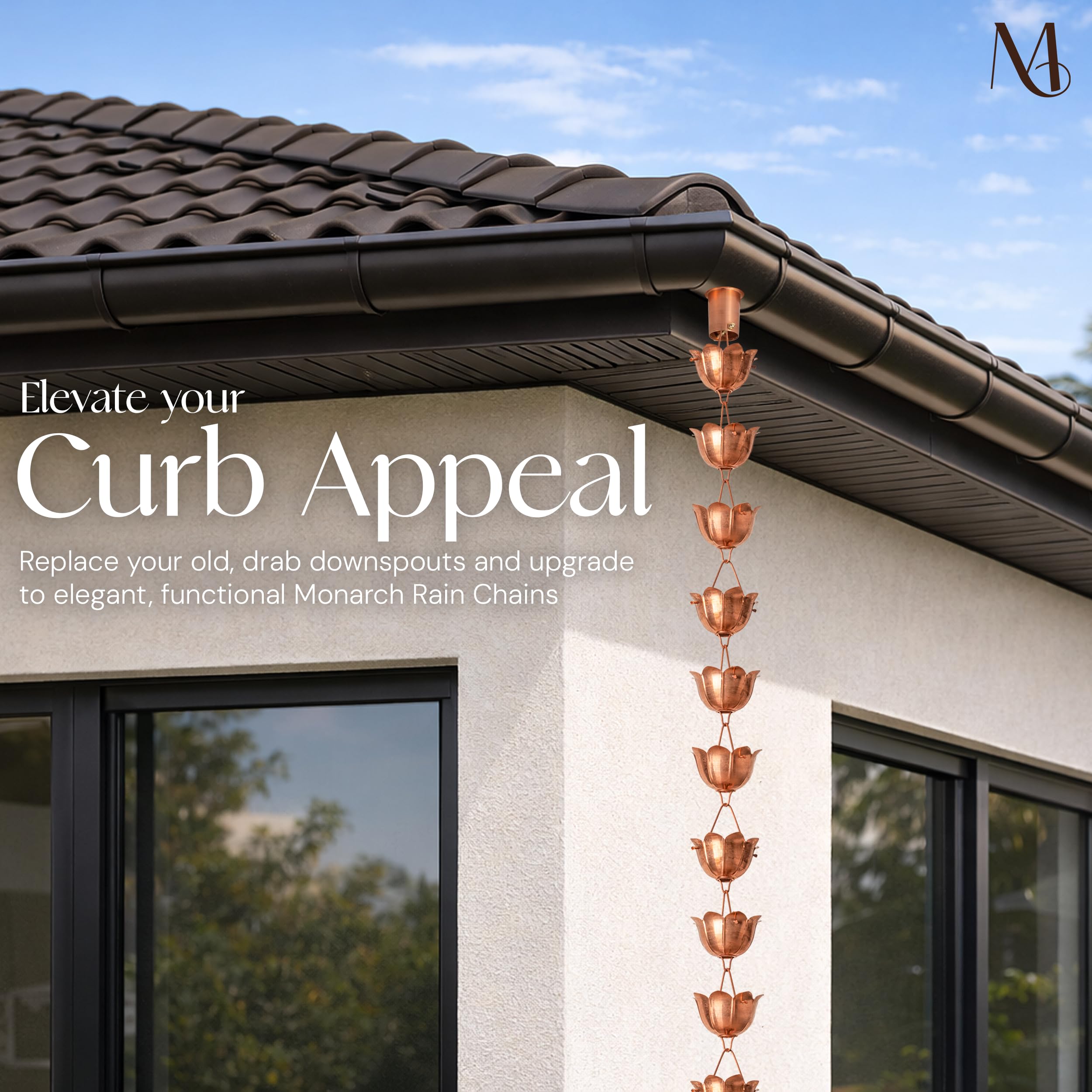 Monarch Rain Chains outdoor decor use enhances exterior aesthetics while guiding rainfall gracefully