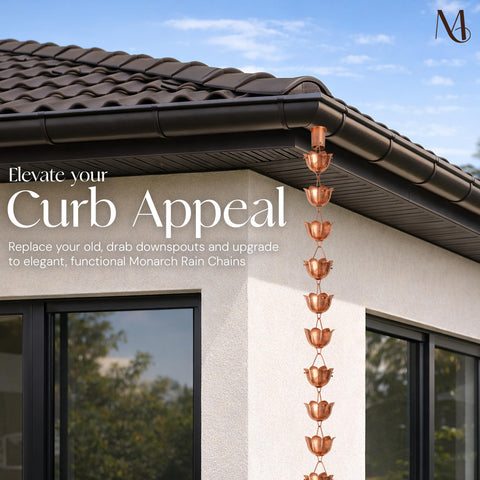 Monarch Rain Chains outdoor decor use enhances exterior aesthetics while guiding rainfall gracefully