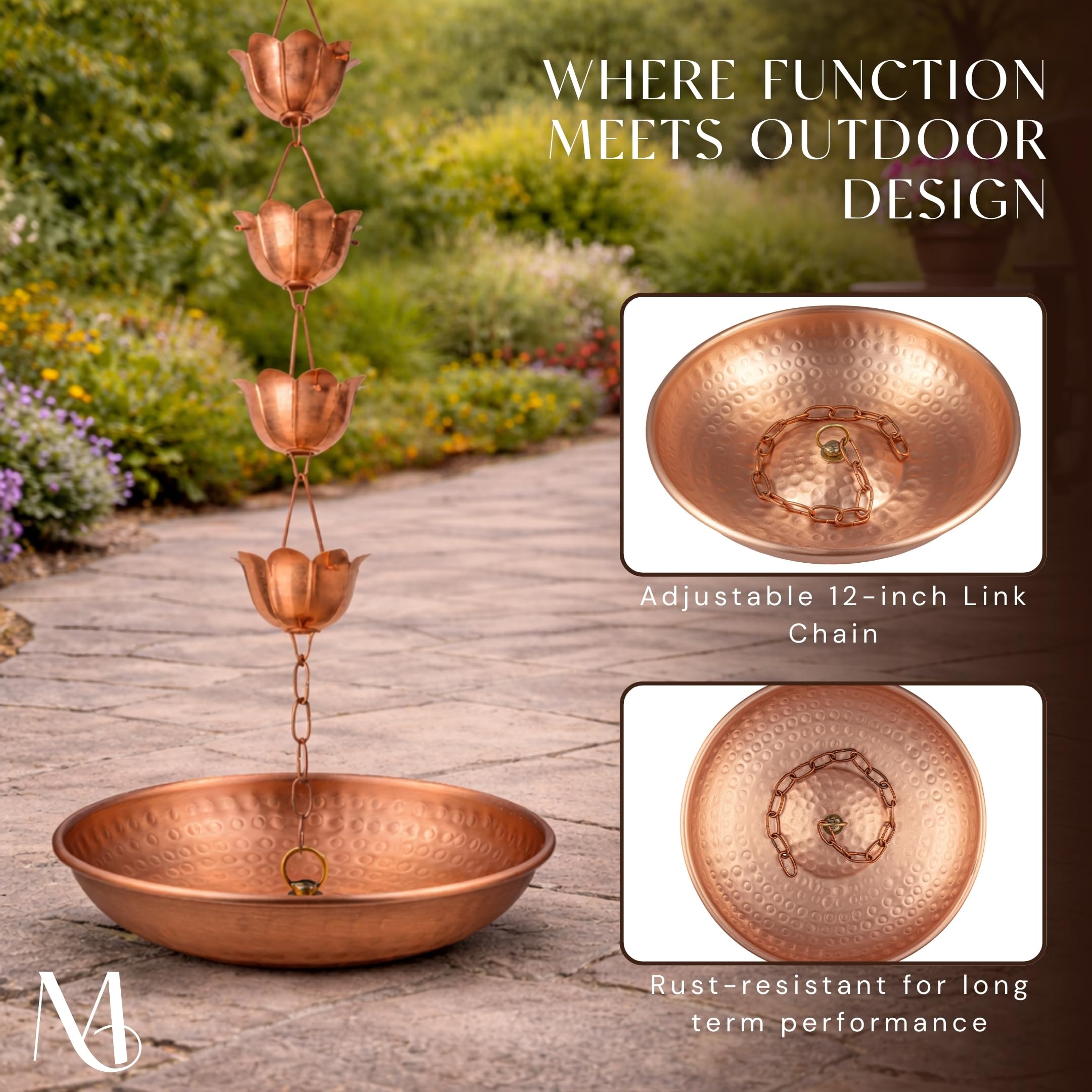 Monarch Rain Chains outdoor rust-resistant basin demonstrates durability in rain and sun.