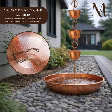 Monarch Rain Chains patina-rich copper basin adds timeless curb appeal.