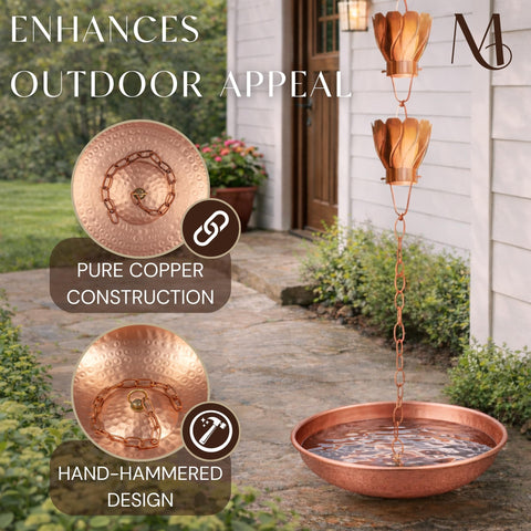 Monarch Rain Chains close-up of pure copper hammered basin showing rich patina development.