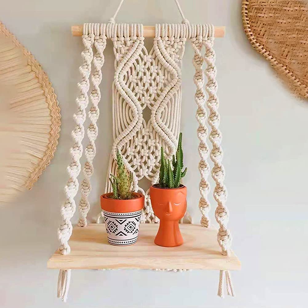 Mong handmade macrame wall shelf shows sturdy 4mm cord for durable decor.