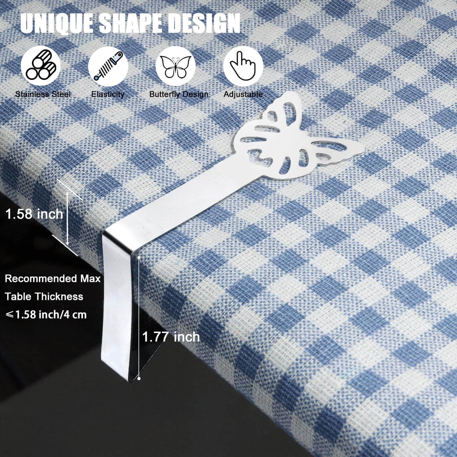 MONNCHA stainless-steel-tablecloth-clip gripping the edge of a thick table