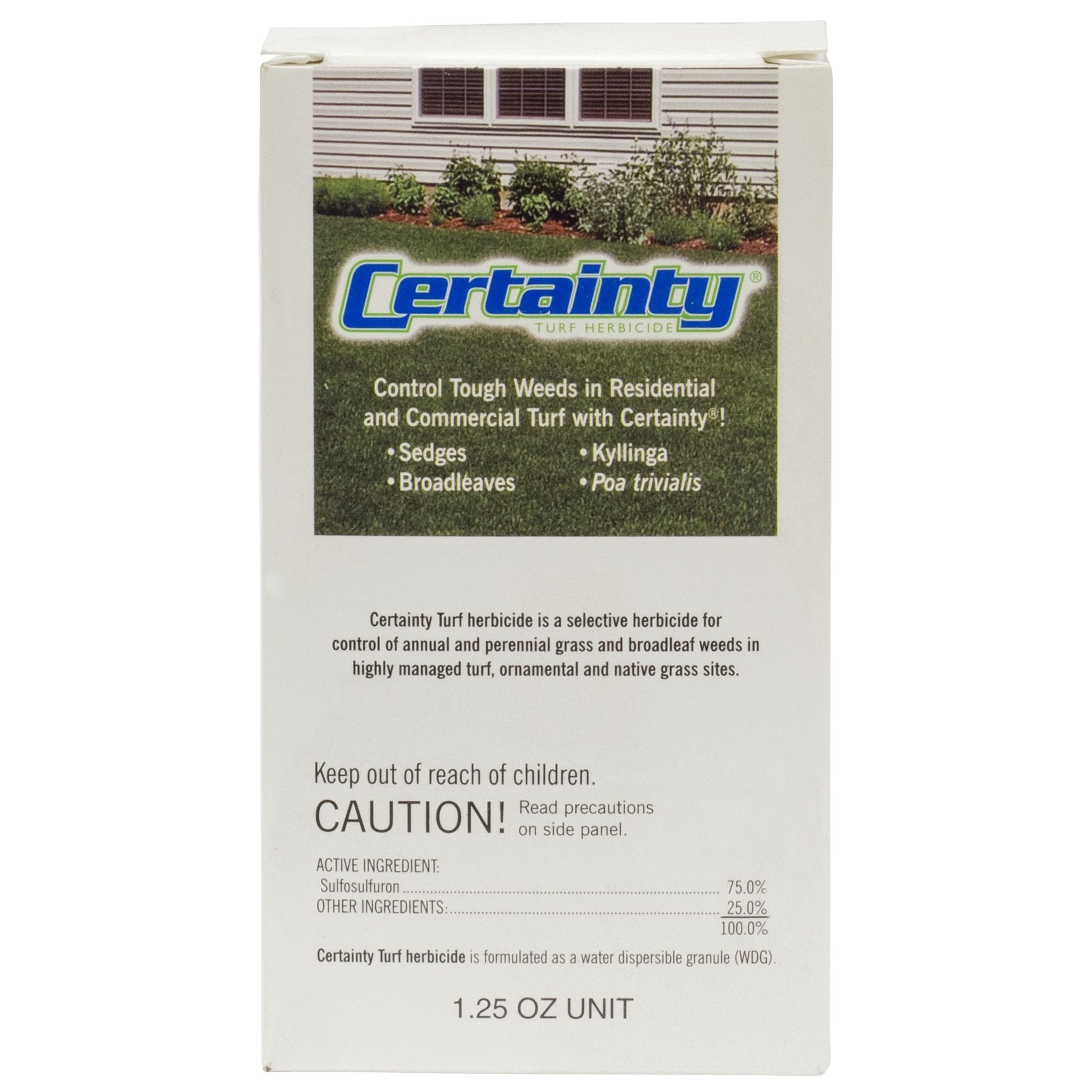 Monsanto Certainty Turf Herbicide bottle for powerful lawn weed control.