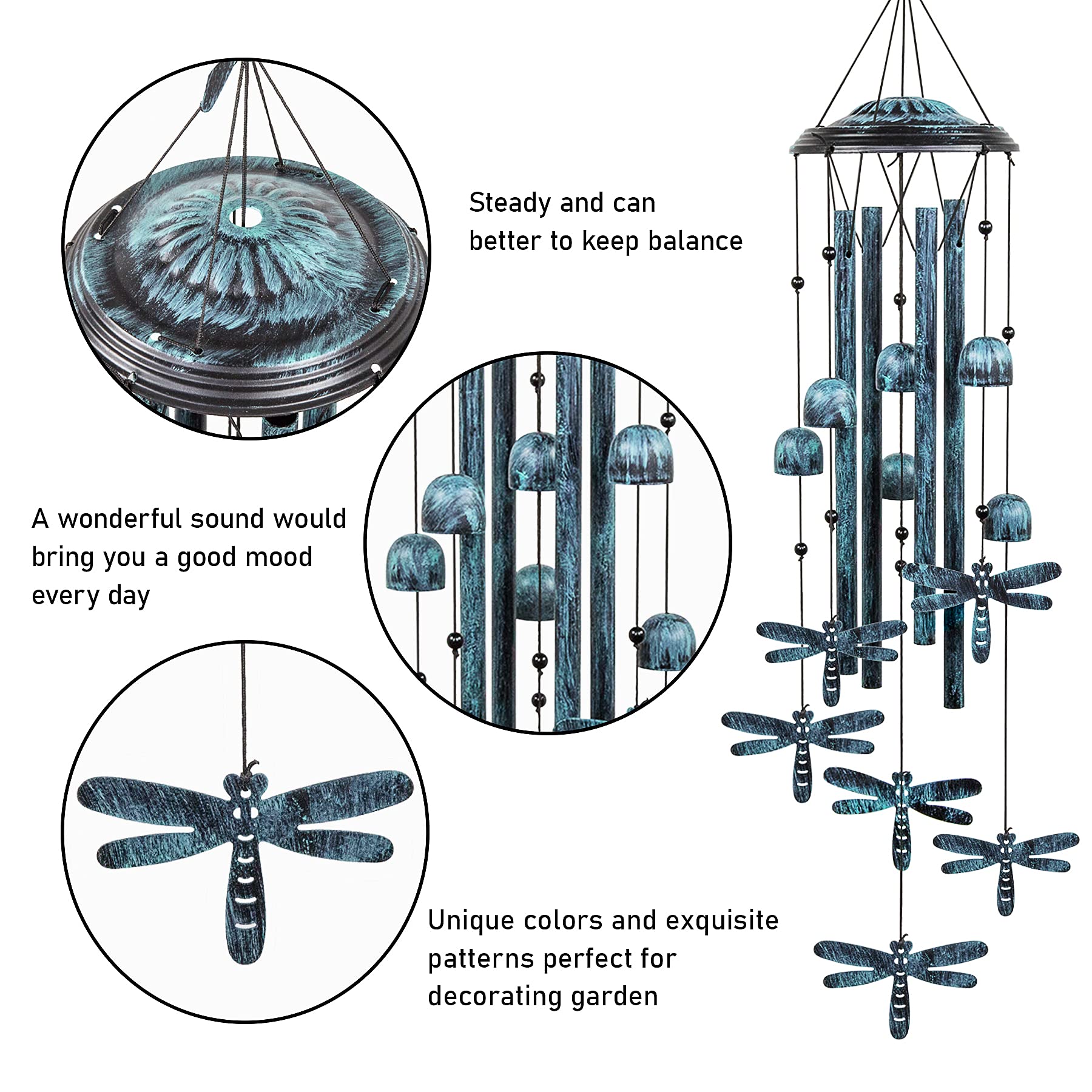 Monsiter QE dragonfly wind chime in emerald-green color.
