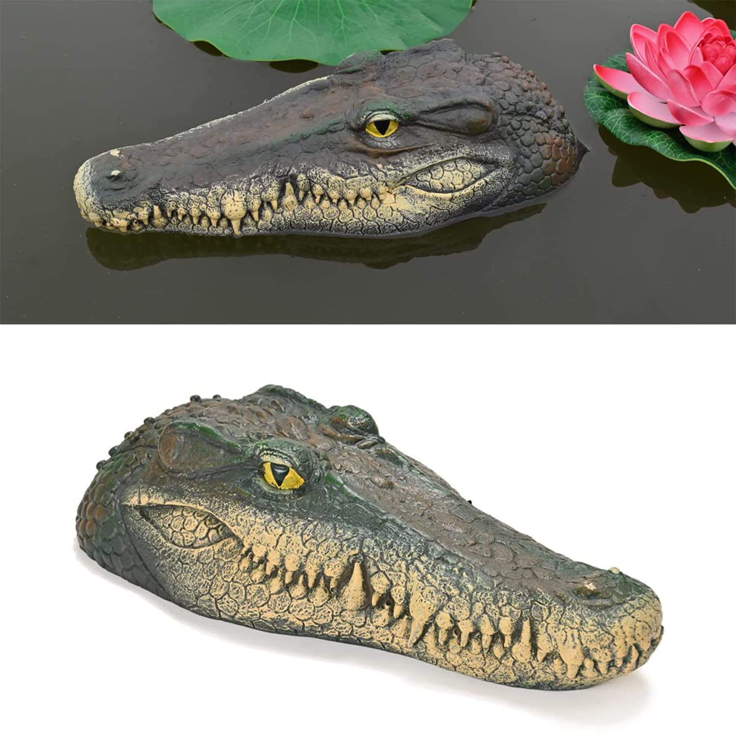 Mont Pleasant floating alligator head decoy featuring lifelike eyes deters wildlife from ponds.