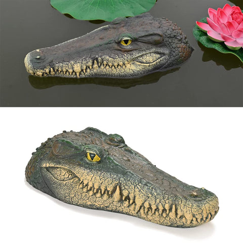 Mont Pleasant floating alligator head decoy featuring lifelike eyes deters wildlife from ponds.