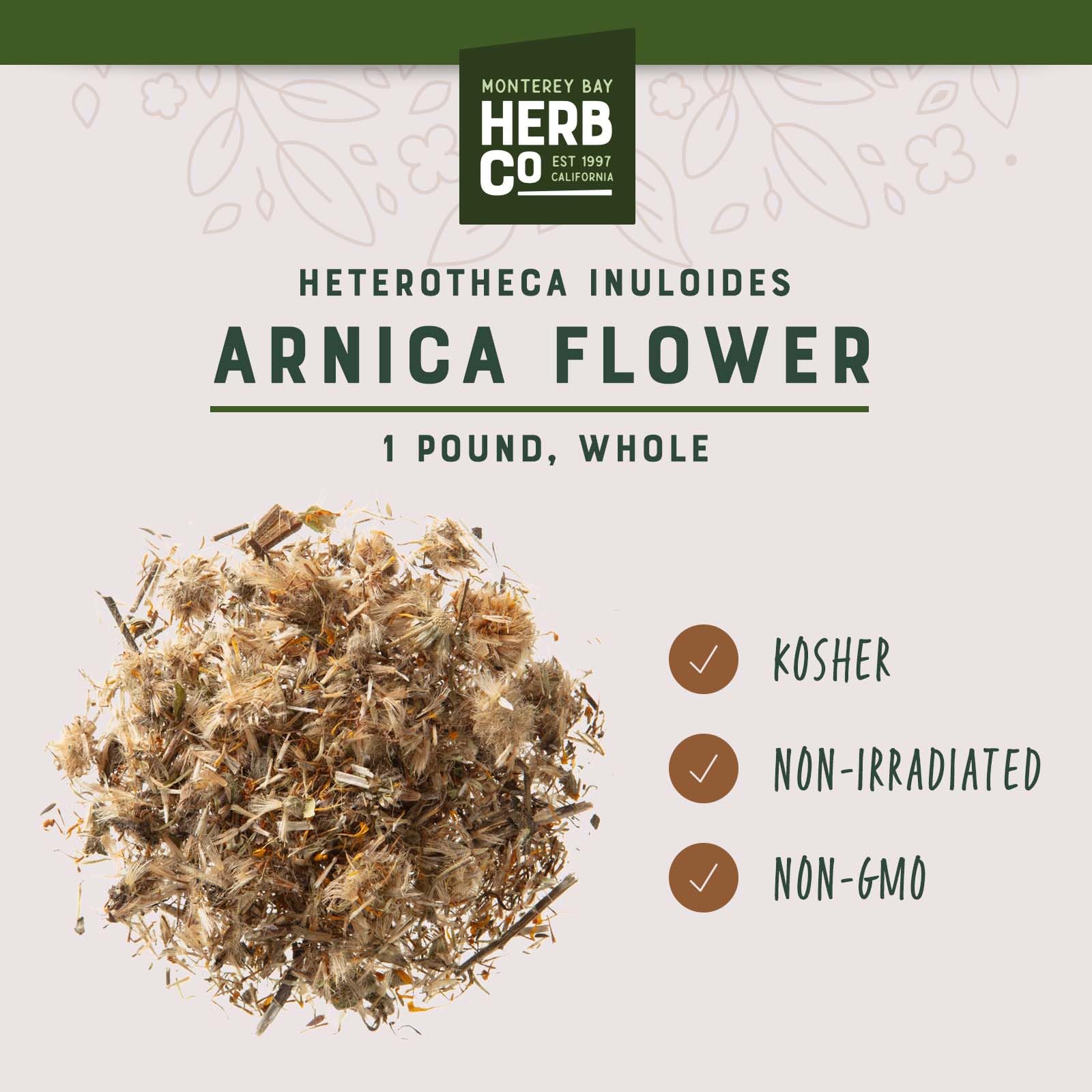 Monterey Bay Herb Co arnica flowers, premium dried blossoms for clean formulation work.