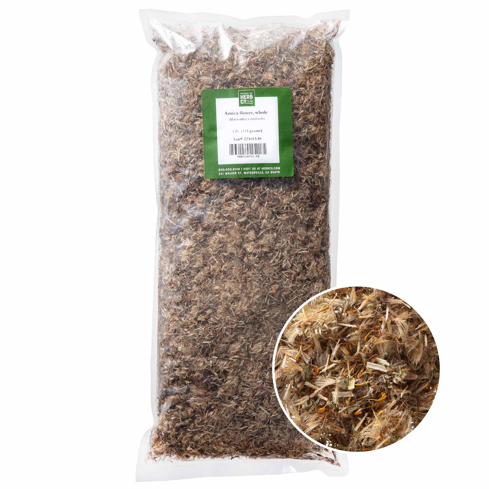 Monterey Bay Herb Co arnica flowers, whole dried blooms, ideal for DIY infused oils.