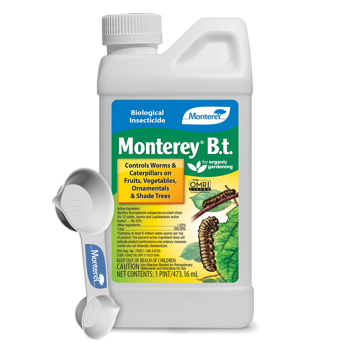 Monterey BT bottle with label demonstrates organic caterpillar control for vegetables.