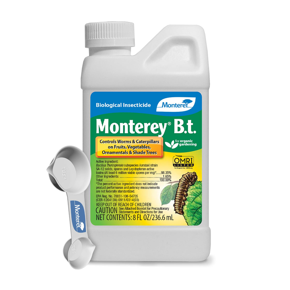 Monterey B.T. caterpillar killer bottle for targeted leaf pests.