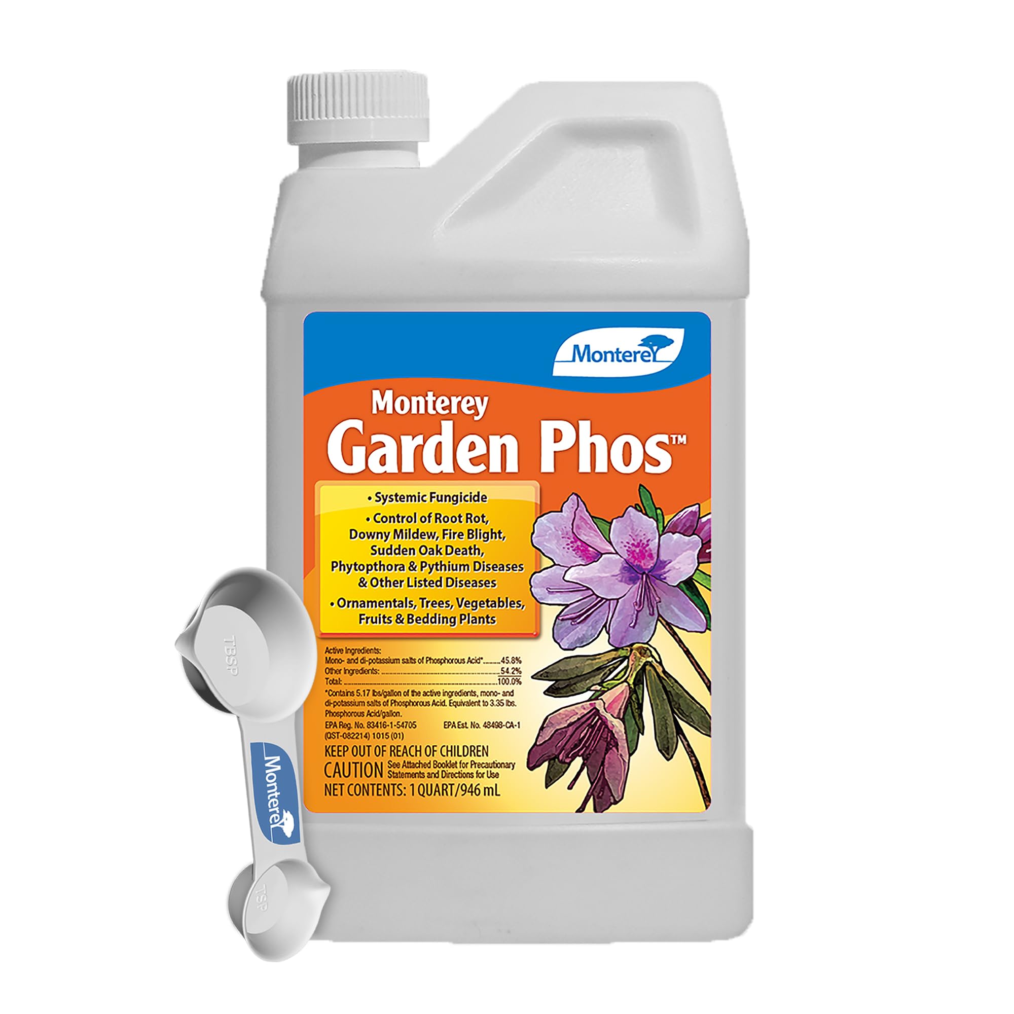 Monterey Garden Phos bottle pour demonstrating versatile garden disease control.