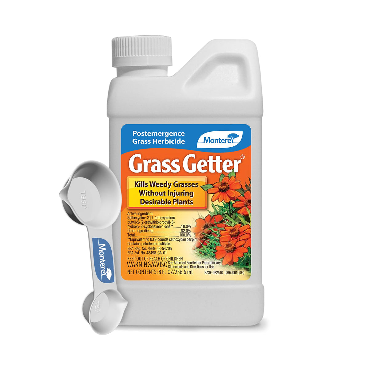 Monterey Grass Getter bottle front for beds and ornamentals.
