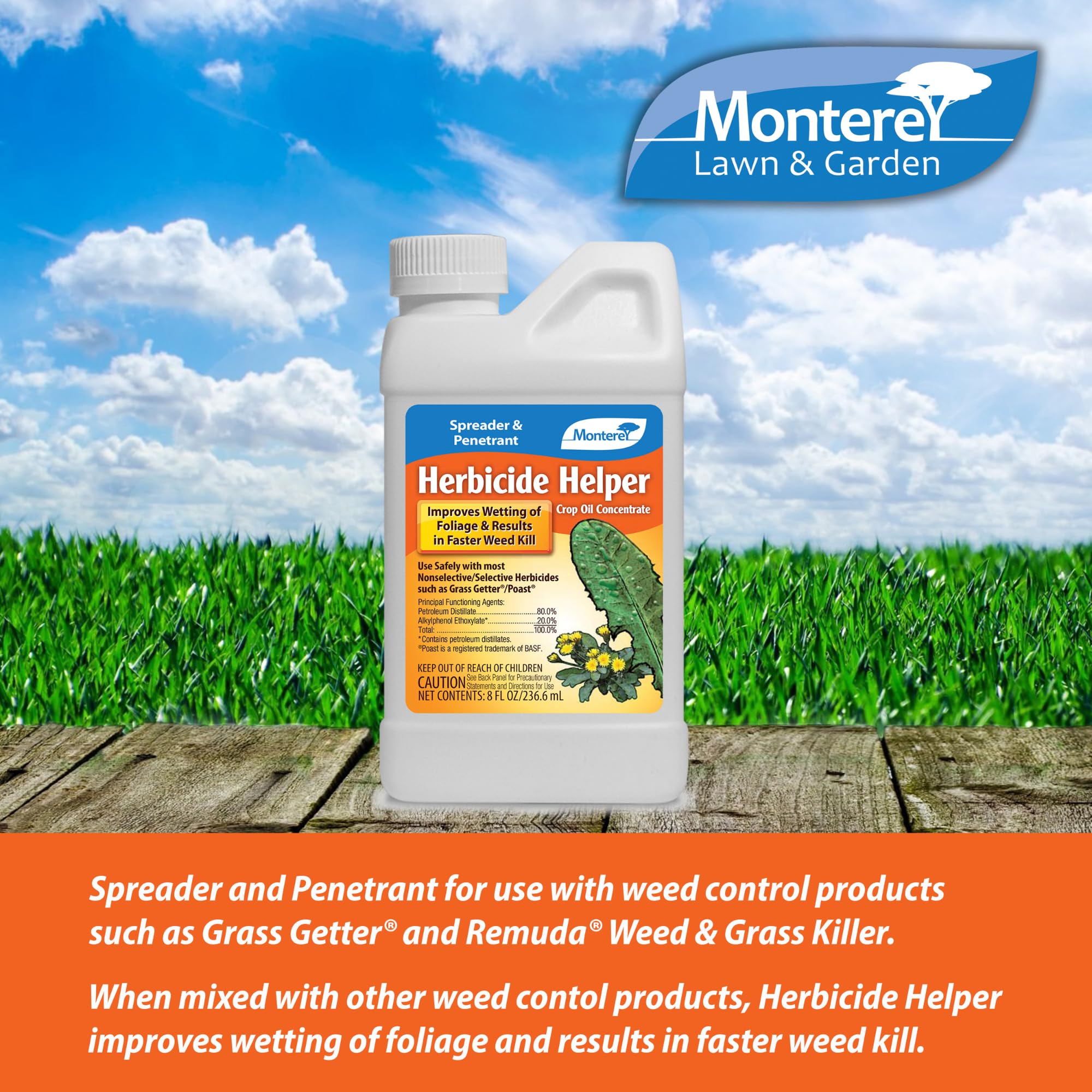 Monterey Herbicide Helper measuring-spoon ensures precise per-gallon mixing.