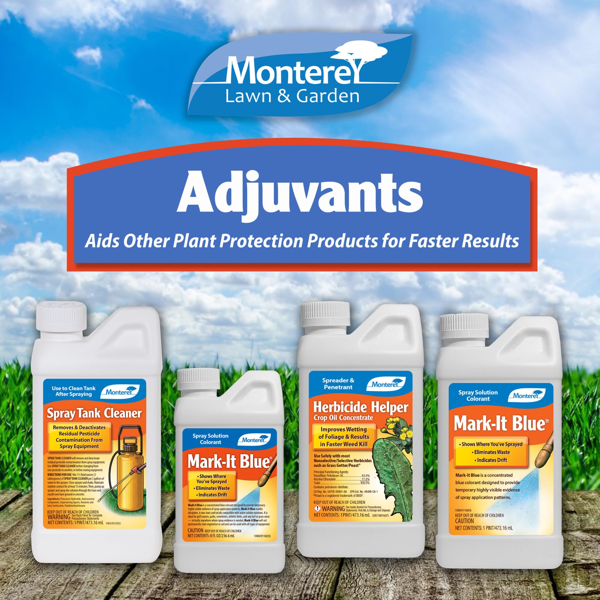 Monterey Herbicide Helper wetting-action enhances foliar contact with weed leaves.