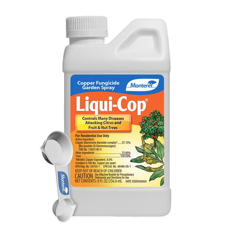 Monterey Liqui-Cop copper fungicide bottle for garden disease prevention.