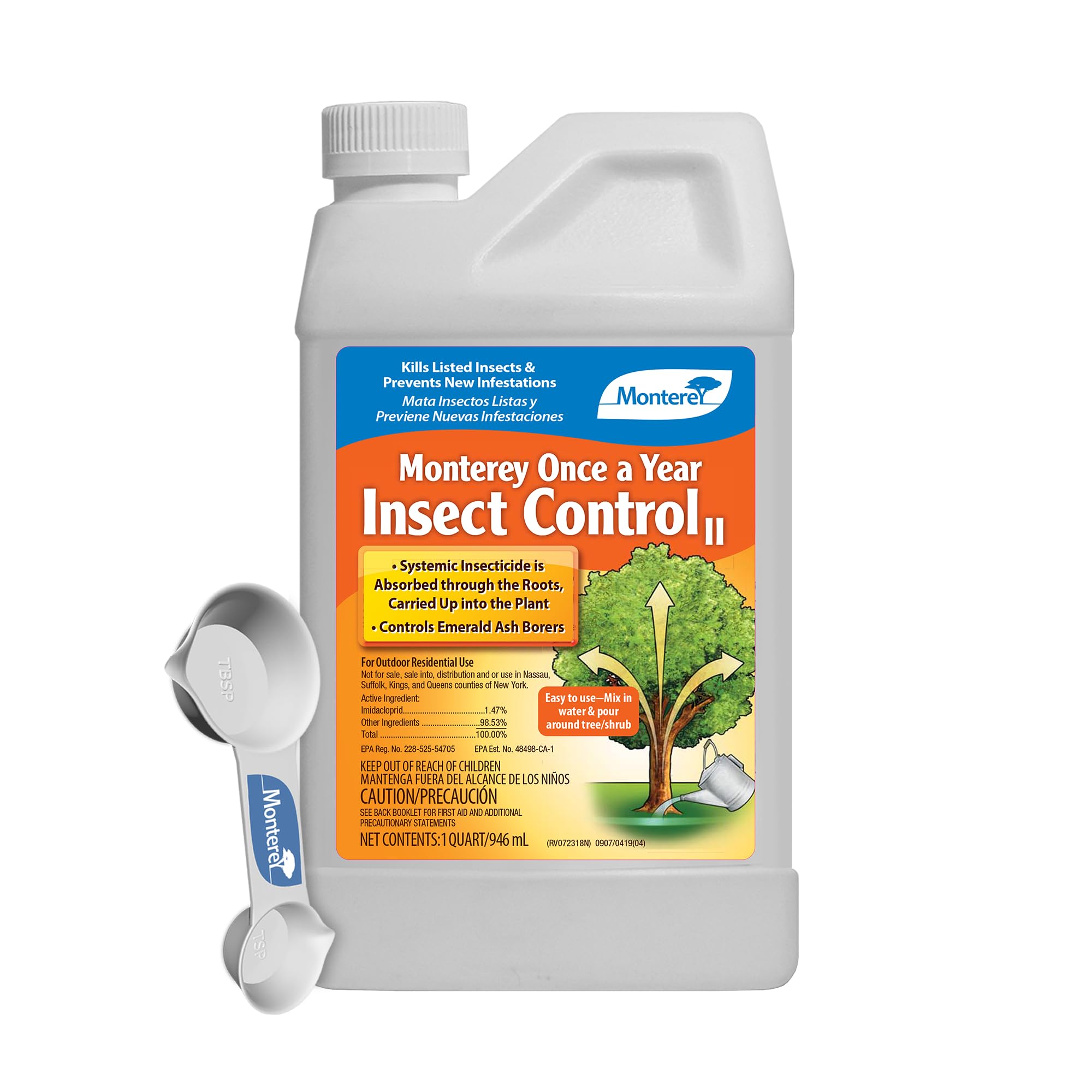 Monterey Once A Year Insect Control bottle for year-round tree protection.