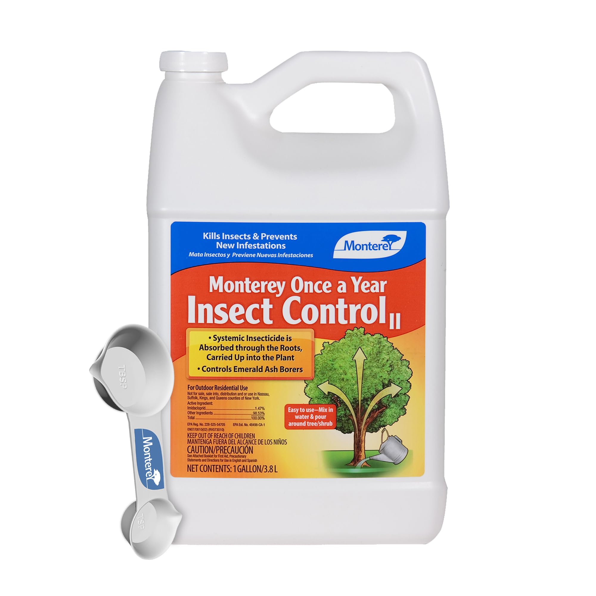 Monterey Once A Year Insect Control II 1-gallon bottle shown with measuring spoon for soil drench use