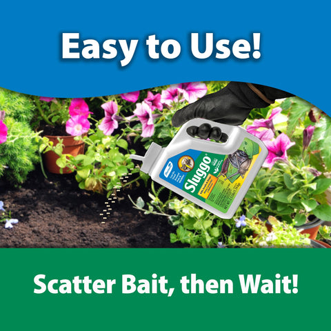 Granular formula spread evenly with a standard broadcast spreader for large areas using Monterey Sluggo.