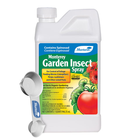 Monterey Spinosad insecticide bottle in garden targeting vegetables for pest control