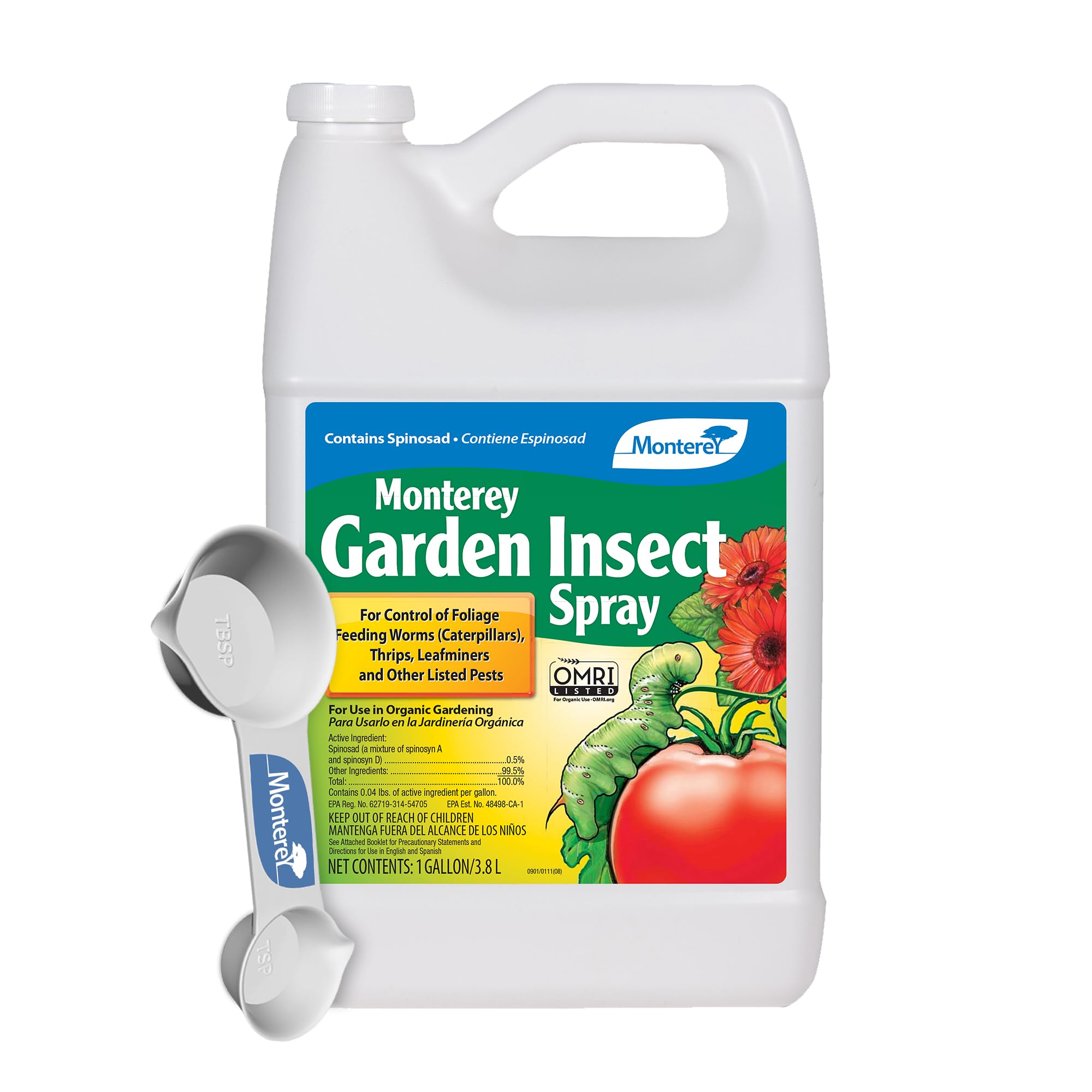 Monterey Spinosad insecticide bottle front, effective organic garden protection.