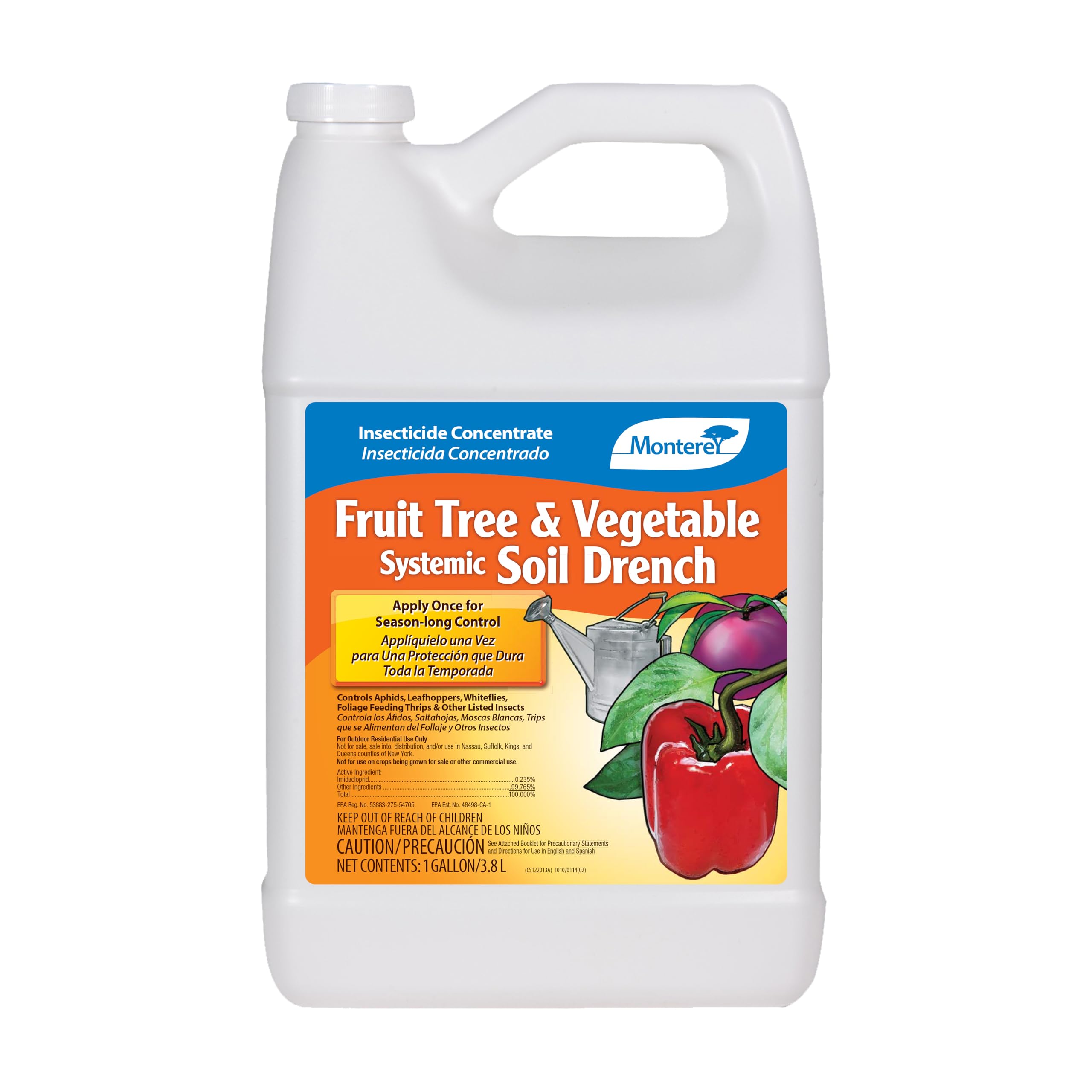 Monterey Systemic Soil Drench bottle ready for 1 gal fruit-tree application with year-long protection