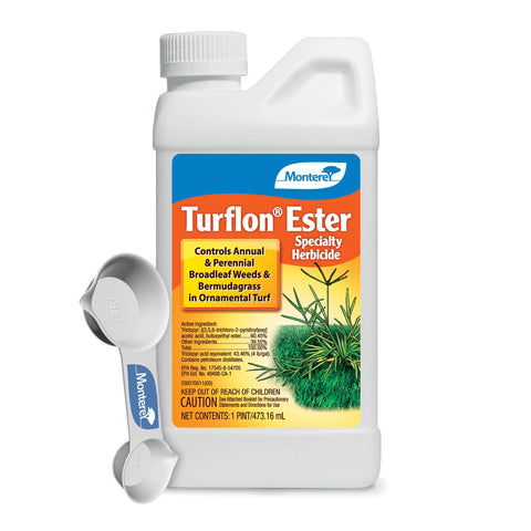 Monterey Turflon Ester bottle with measuring spoon for precise lawn weed control.