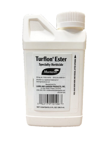 Monterey Turflon Ester concentrate showing broadleaf weed targets.