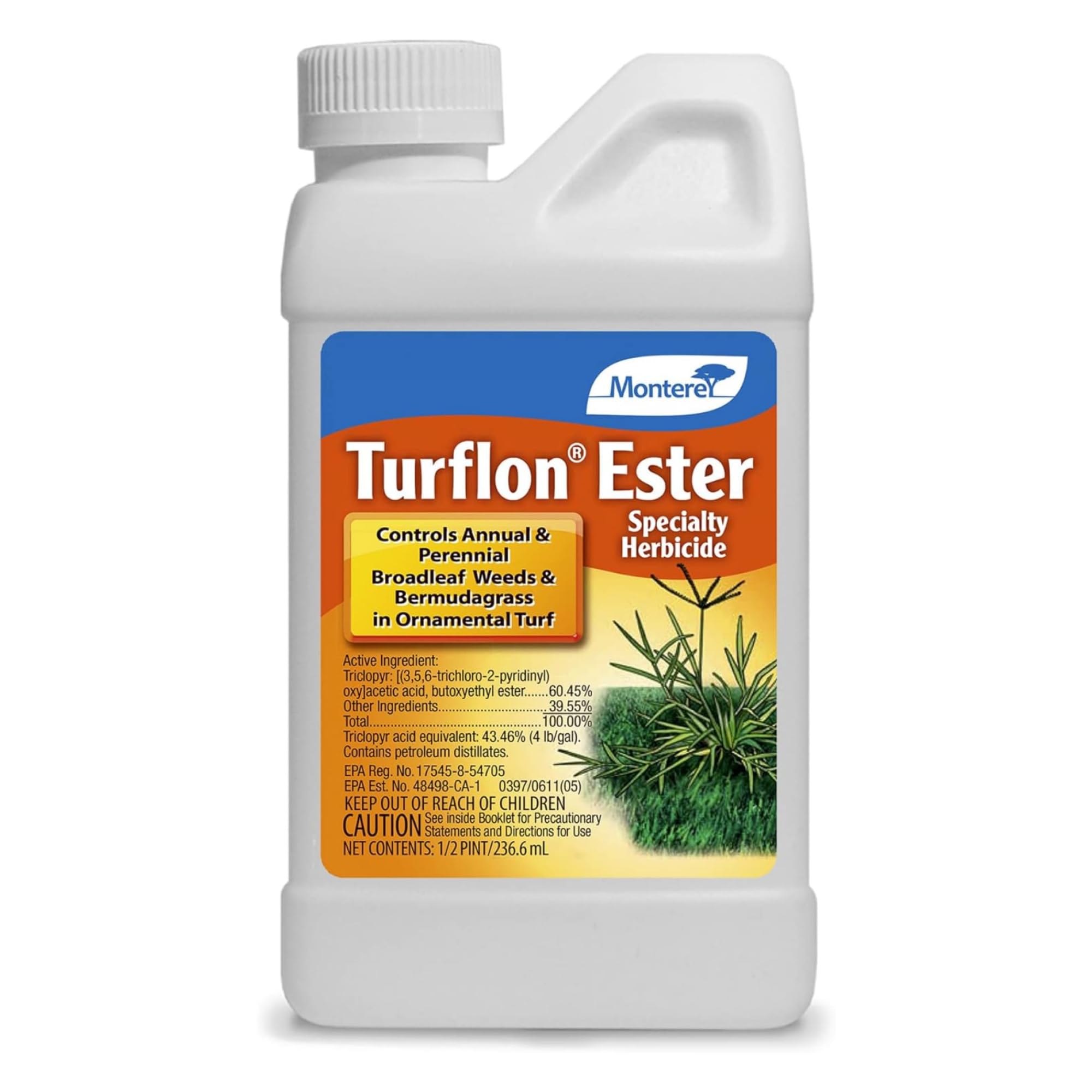 Monterey Turflon Ester bottle for precise lawn weed control.