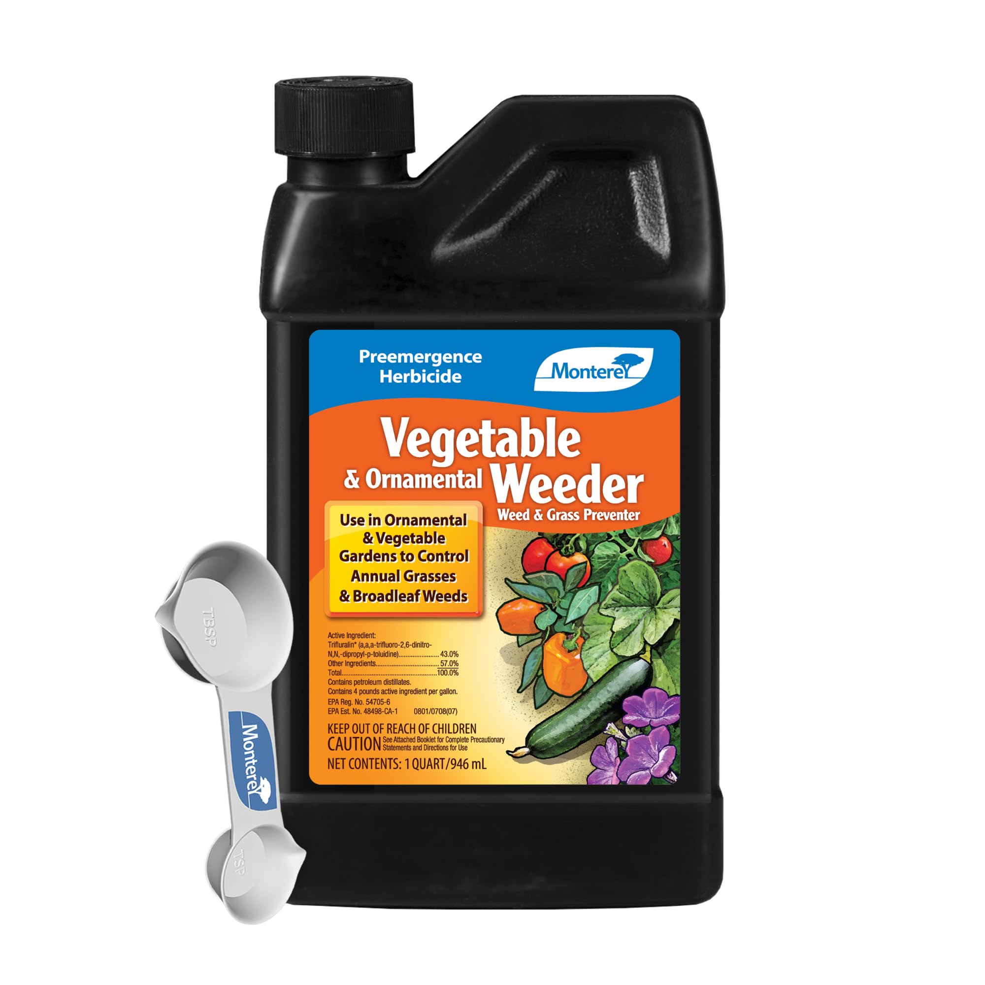 Monterey vegetable and ornamental weeder bundle with measuring spoon for easy garden weed prevention.