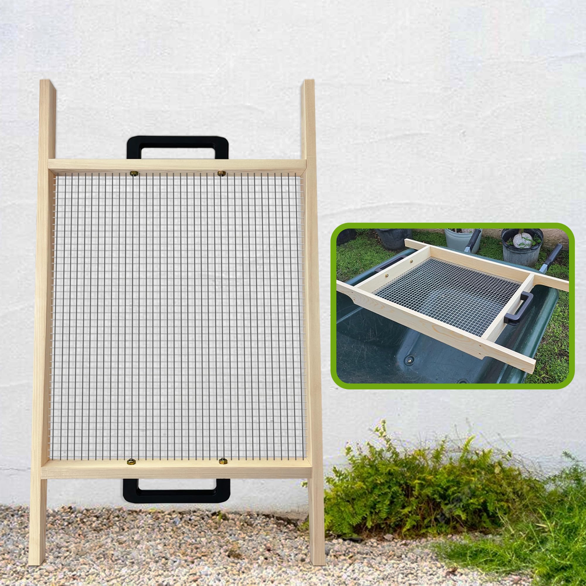 Montex Soil Sifter Large on a sturdy wooden frame for efficient soil screening.