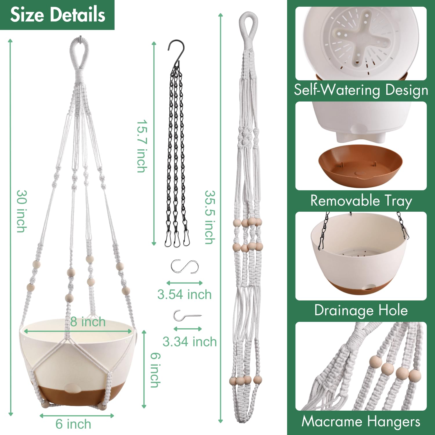 Montresor 8-inch hanging pot with chic bohemian-style hanger.