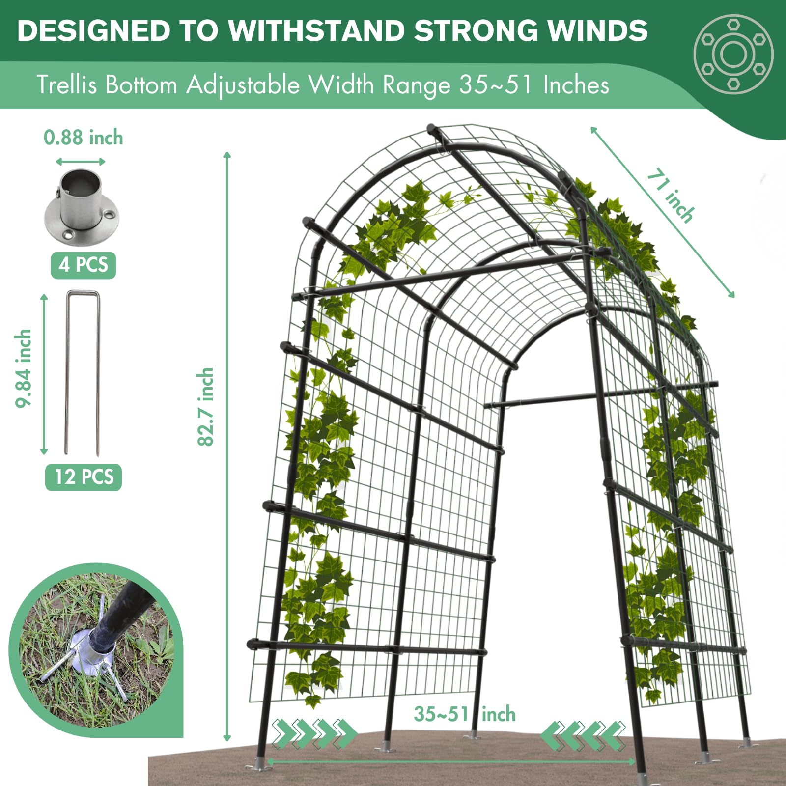 Black garden arch adds decorative vertical structure to the yard