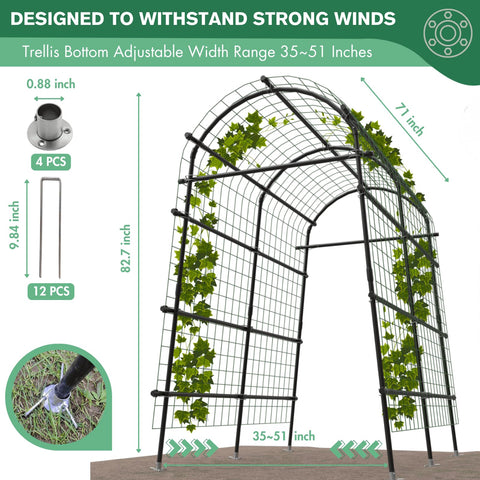 Black garden arch adds decorative vertical structure to the yard