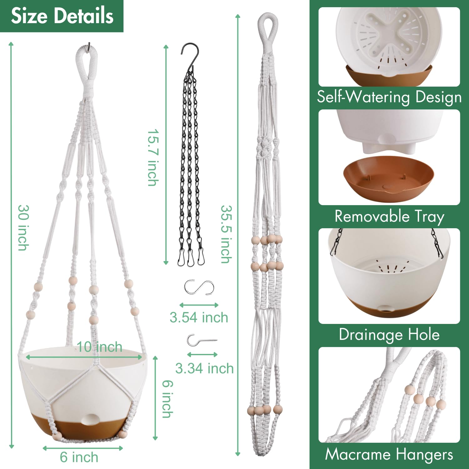 Montresor hanging planters with flexible hangers: metal hook for outdoor resilience.