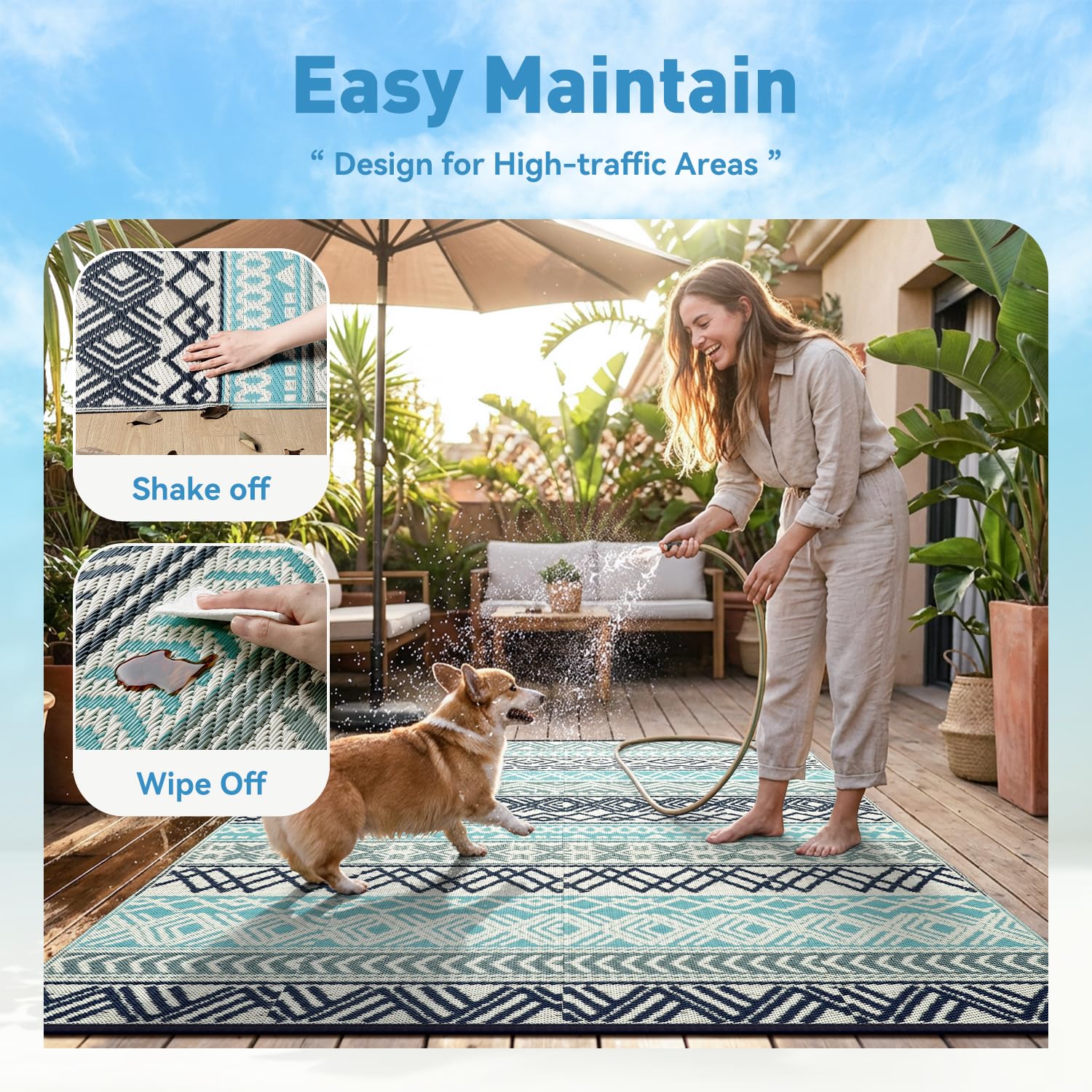 MontVoo all-season-rug ready for sun and shade with UV-stabilized fabric.