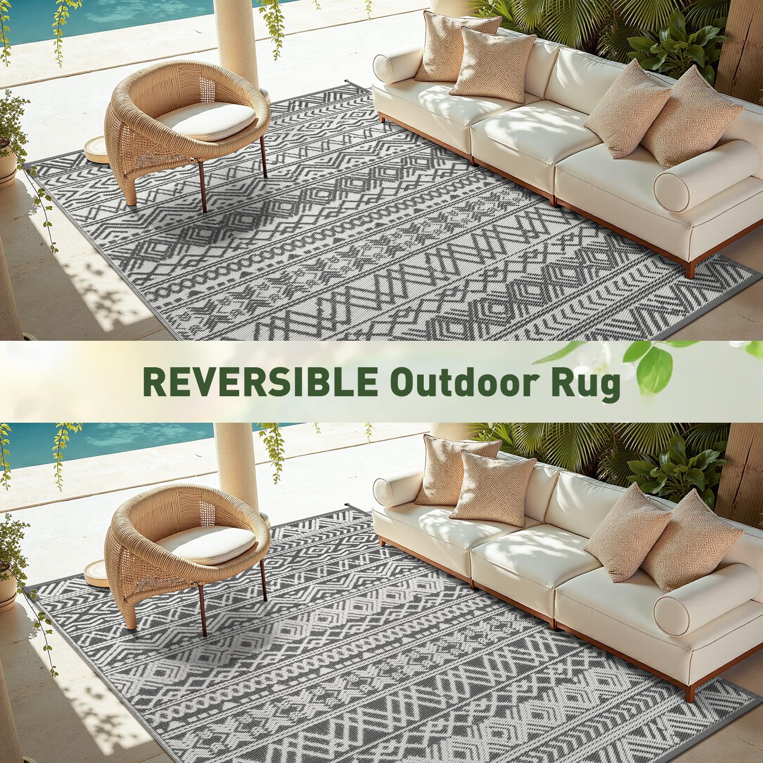 MontVoo boho-grey outdoor rug protects wood floors from scratches