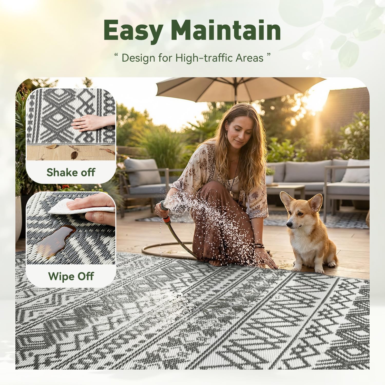 MontVoo easy-clean outdoor rug cleans with water spray or shake