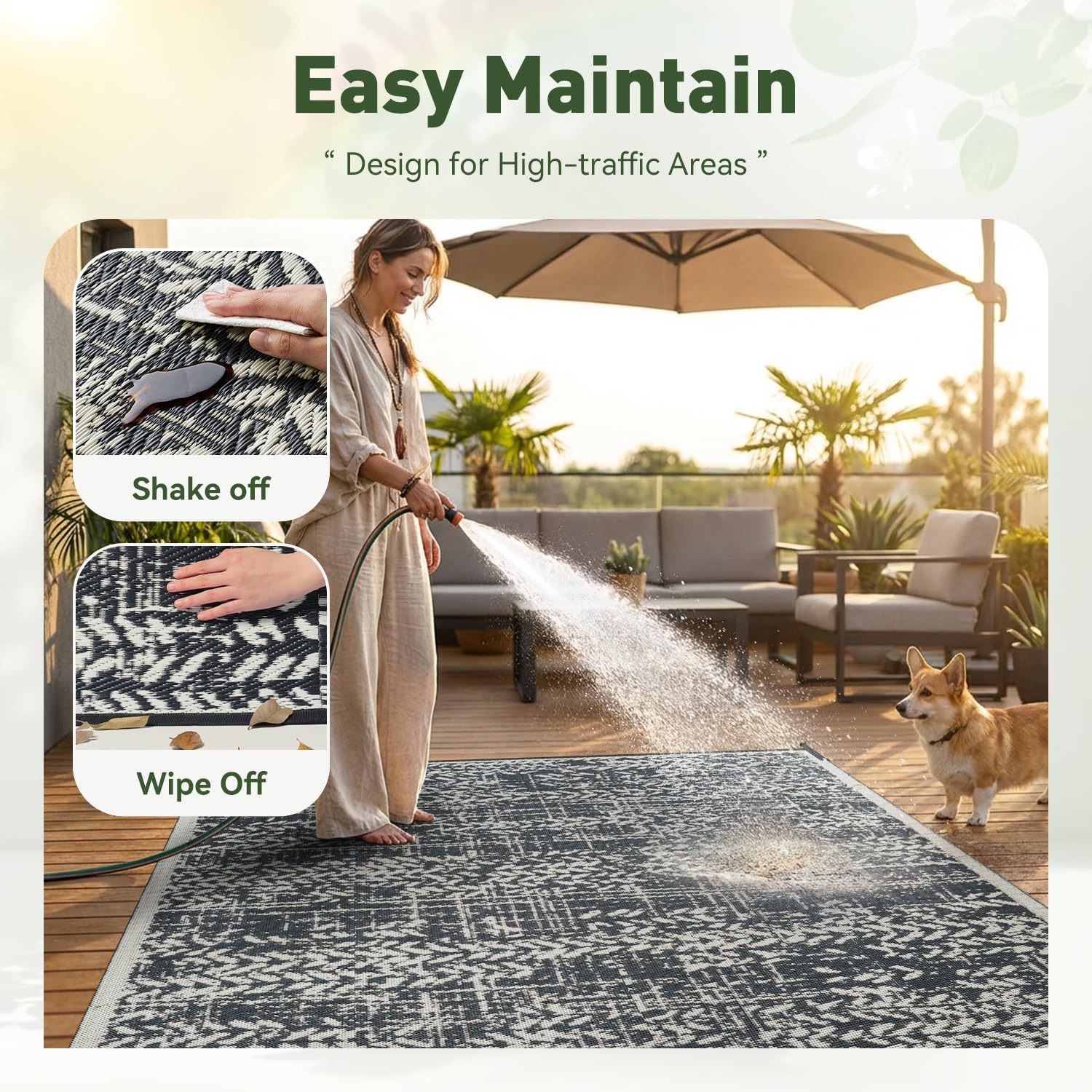 MontVoo lightweight rug with stakes ensures stability on windy outdoor spaces.