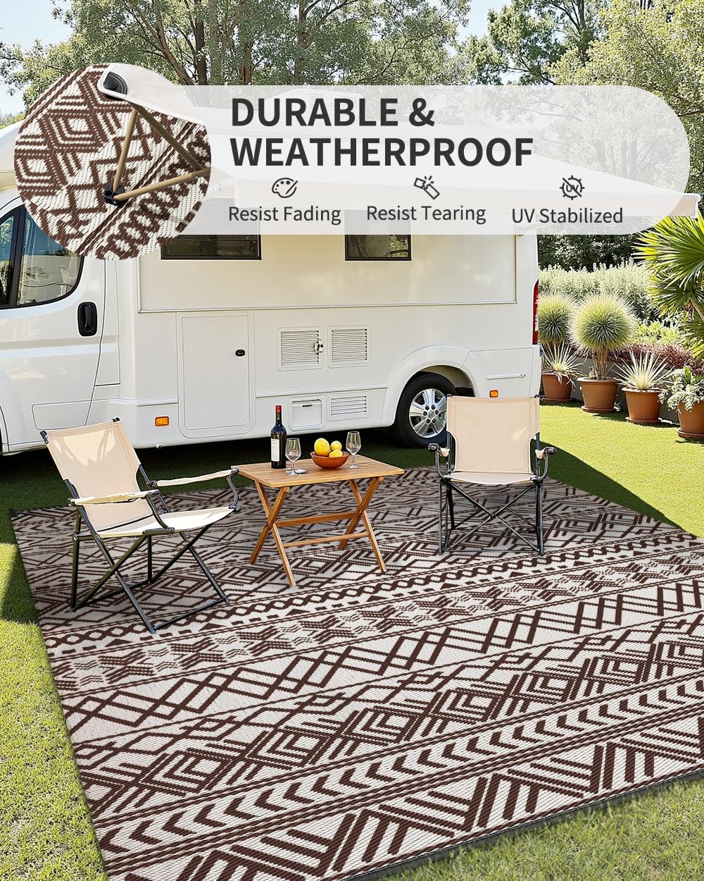 MontVoo outdoor rug beige brown boho adds warm ambience to patios.