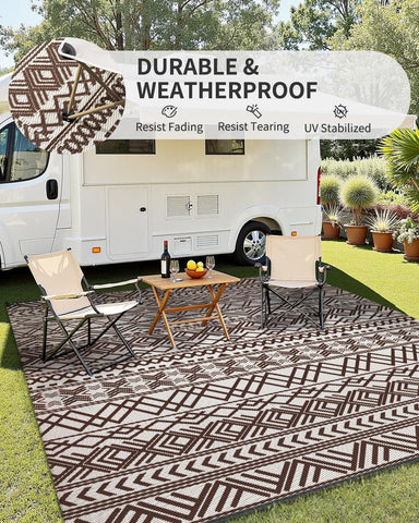 MontVoo outdoor rug beige brown boho adds warm ambience to patios.