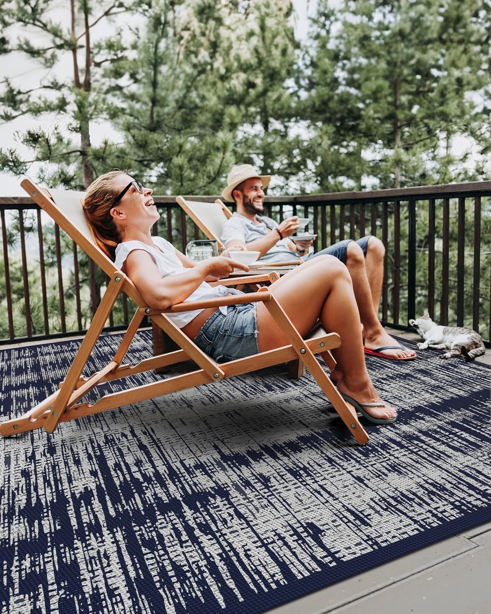 MontVoo Outdoor Rug under outdoor furniture on a patio, stable and cleanable