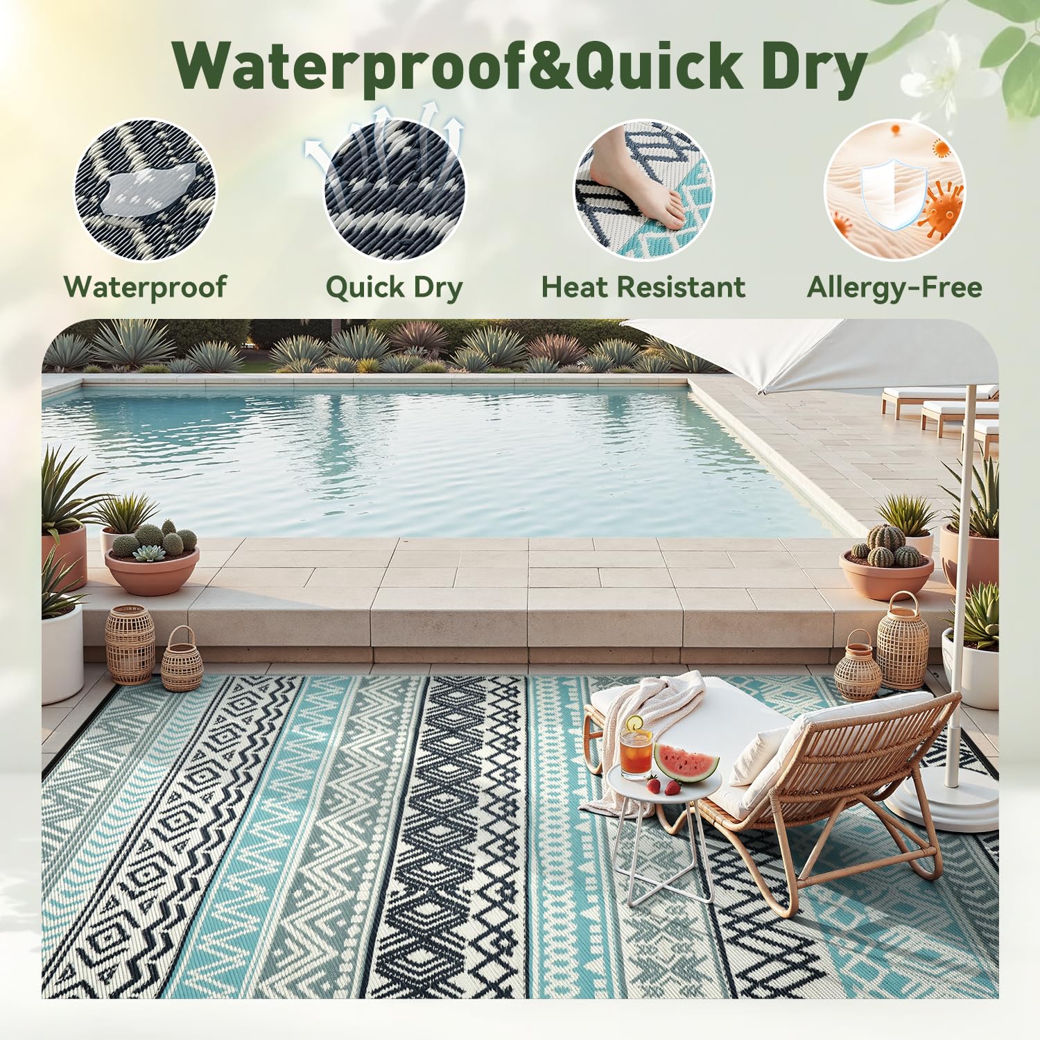 MontVoo reversible outdoor rug 6x9 offers two looks for flexible styling.